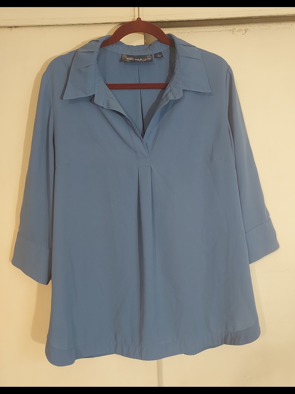 Susan Graver Blue Women's V-Neck Collared Blouse Large
